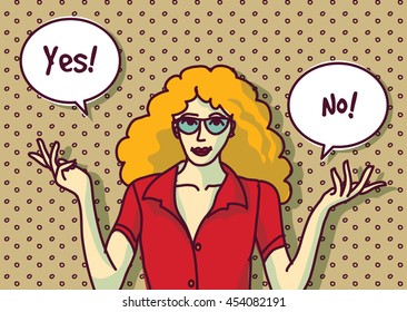 Pin up pretty woman and bubble with sign decision yes or no . Color vector illustration. EPS8