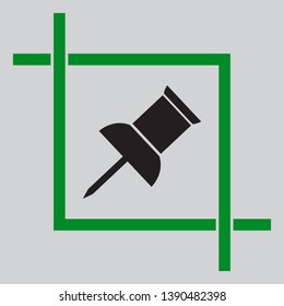 Pin push sign. Black icon inside green crop tool at light gray background