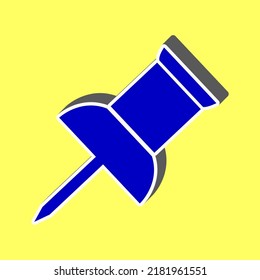 Pin push sign. Blue Icon with white stroke in 3d at yellow Background. Illustration.
