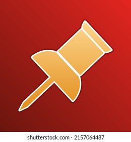Pin push sign. Golden gradient Icon with contours on redish Background. Illustration.