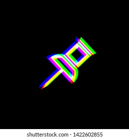 Pin push sign. Red, green and blue unfocused contour icon at black background. Illustration.