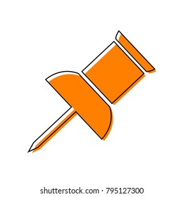 Pin push sign. Vector. Black line icon with shifted flat orange filled icon on white background. Isolated.