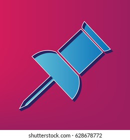 Pin push sign. Vector. Blue 3d printed icon on magenta background.