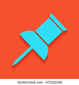 Pin push sign. Vector. Blue icon with soft shadow putted down on flamingo background.