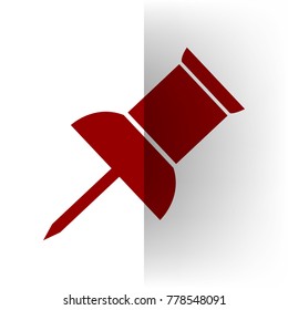 Pin push sign. Vector. Bordo icon on white bending paper background.