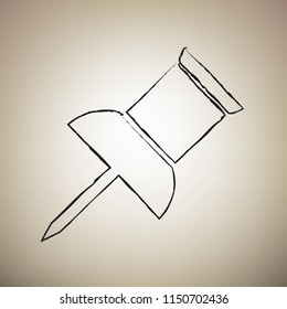 Pin push sign. Vector. Brush drawed black icon at light brown background.