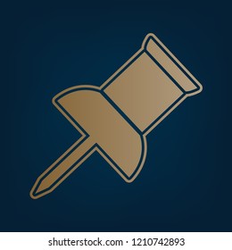 Pin push sign. Vector. Golden icon and border at dark cyan background.