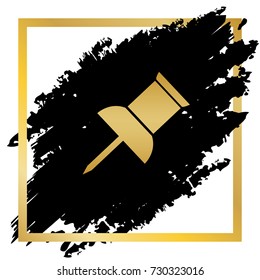 Pin push sign. Vector. Golden icon at black spot inside golden frame on white background.