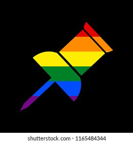 Pin push sign. Vector. Icon with colors of LGBT flag at black background.