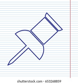 Pin push sign. Vector. Navy line icon on notebook paper as background with red line for field.