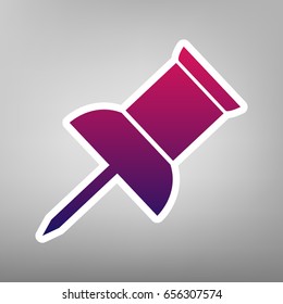 Pin push sign. Vector. Purple gradient icon on white paper at gray background.