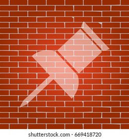 Pin push sign. Vector. Whitish icon on brick wall as background.