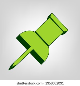 Pin push sign. Vector. Yellow green solid icon with dark green external body at light colored background.