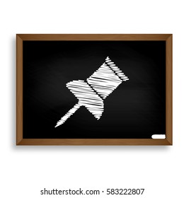 Pin push sign. White chalk icon on black school board with shado