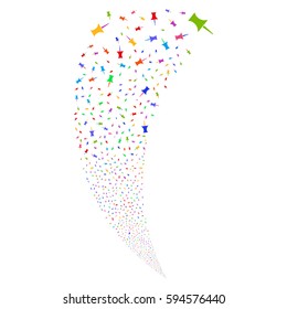 Pin random fireworks stream. Vector illustration style is flat bright multicolored iconic symbols on a white background. Object fountain created from scattered symbols.