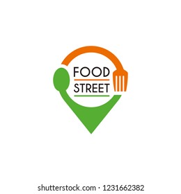 Pin Restaurant Logo Vector, Street Food Icon With Fork And Spoon Illustration