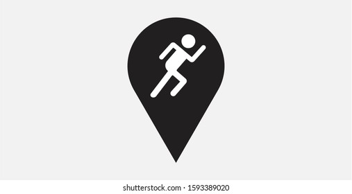 Pin run icon. Running with location icon. Running event location pin. Map pointer. Man running icon