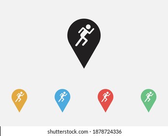 Pin run icon. Running with location icon. Running event location pin. Map pointer. Man running icon. Set of colorful flat design icons