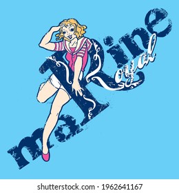 Pin up sailor girl with blonde hair giving salute with marine written in the background