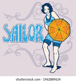 Pin up sailor girl holding an umbrella in front of her with the word sailor written on the background