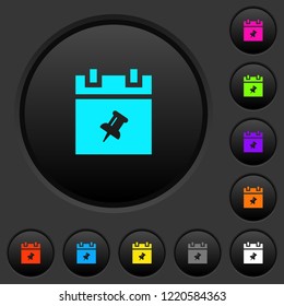 Pin schedule item dark push buttons with vivid color icons on dark grey background