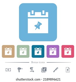 Pin schedule item white flat icons on color rounded square backgrounds. 6 bonus icons included
