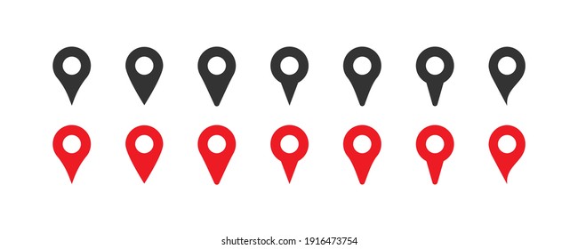 Pin set red and black icons. Map pointer GPS location flat icon. Vector isolated illustration 