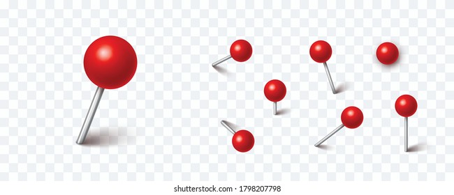 Pin set with shadow isolated on transparent background. Vector 3d red plastic pushpins, board tacks, sewing needles or push pins for paper notice - Shutterstock ID 1798207798