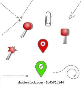 Pin set with shadow isolated on transparent background. Vector 3d red plastic pushpins, sewing needles or board tacks for paper notice and paper clip, paths leading to the goal and tags
