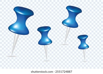 Pin set with shadow isolated on transparent background. Vector 3d blue plastic pushpins, sewing needles or board tacks for paper notice