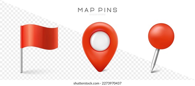 Pin set with shadow. Map marks for gps point. Vector 3d red plastic pushpins or board tacks for paper notice isolated on transparent background