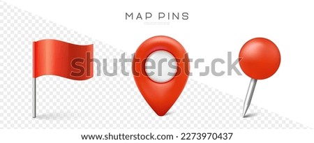 Pin set with shadow. Map marks for gps point. Vector 3d red plastic pushpins or board tacks for paper notice isolated on transparent background