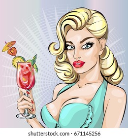 Pin up sexy bikini model with coctail, summer look woman portrait, vector illustration background