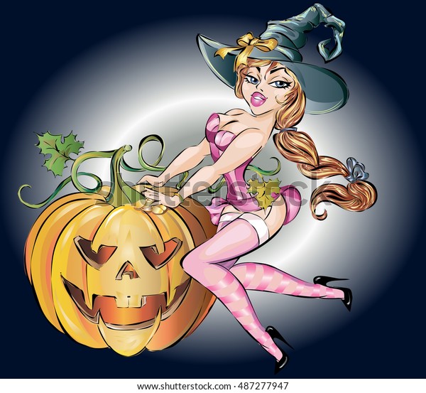 Pin Sexy Witch Woman Halloween Pumpkin Stock Vector Royalty Free 