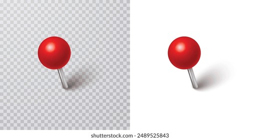 Pin with shadow isolated on transparent and white background. Vector 3d red plastic pushpin, sewing needle or board tack for paper notice