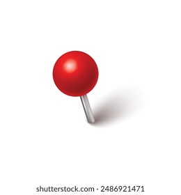 Pin with shadow isolated on white background. Vector 3d red plastic pushpin, sewing needle or board tack for paper notice