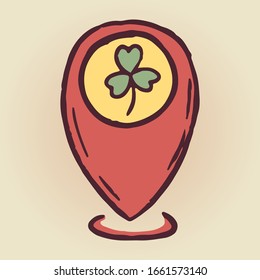 Pin with shamrock symbol.
St.Patrick's day elements icon. 
Colored cartoon illustration.Vector design for web design, mobile app, stickers and games.