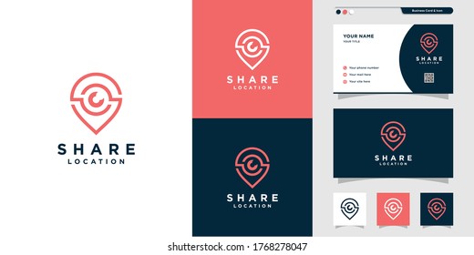 Pin Share Logo And Business Card Design With Line Art Style. Line Art, Place, Map, Location, Business Card, Icon, Pin Logo, Premium Vector