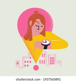 Pin sign illustration with character young woman or girl looks on watch and waits. Vector illustration for web page or application