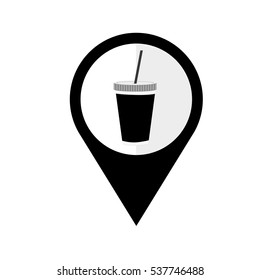 pin with soda drink disposable cup with straw icon over white background. vector illustration