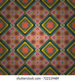 Pin up style. Abstract holiday wrapping paper in green, blue and orange. Traditional design of 50s. Vector tiled background. Fabric spring ornament with tiles. Seamless rhombus pattern.