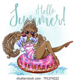 Pin up style cute dark skin tone curly girl on donut swimming ring. Hello summer retro card with cartoon character on the beach, children vector illustration art