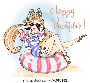 Pin up style cute fashion girl on swimming ring. Happy vacation retro card with cartoon character on the beach, children vector illustration art