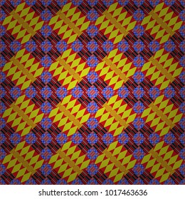 Pin up style. Fabric spring ornament with tiles. Abstract holiday wrapping paper in yellow, neutral and blue. Vector tiled background. Traditional design of 50s. Seamless rhombus pattern.