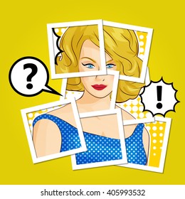 Pin up style female halftone vector frame template