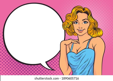 Pin up style sexy dreaming woman portrait with speech bubble,Pop Art girl with the speech bubble
