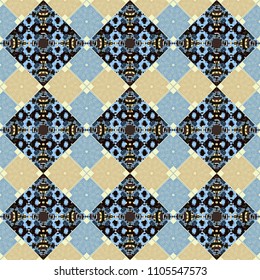 Pin up style. Traditional design of 50s. Seamless rhombus pattern. Vector tiled background. Abstract holiday wrapping paper in orange, red and green. Fabric spring ornament with tiles.