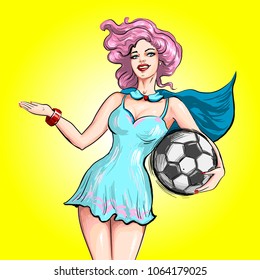 Pin up style vector hand drawn illustration sexy cartoon girl holding soccer ball and welcoming inviting guesture