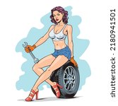 Pin up style woman working to repair the car wheel. Vector illustration.