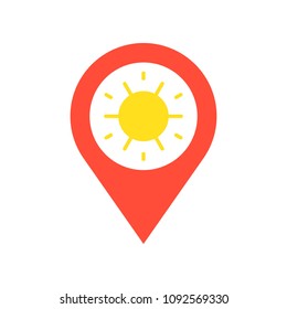 Pin and sun symbol, viewpoint of sun rise and sunset flat icon
